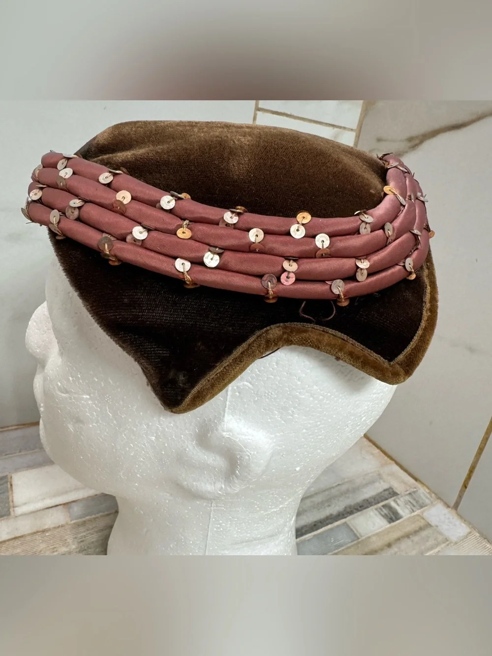 Vintage Brown Velvet Pillbox Hat Pink Satin Bow Sequin Trim Women’s Unbranded